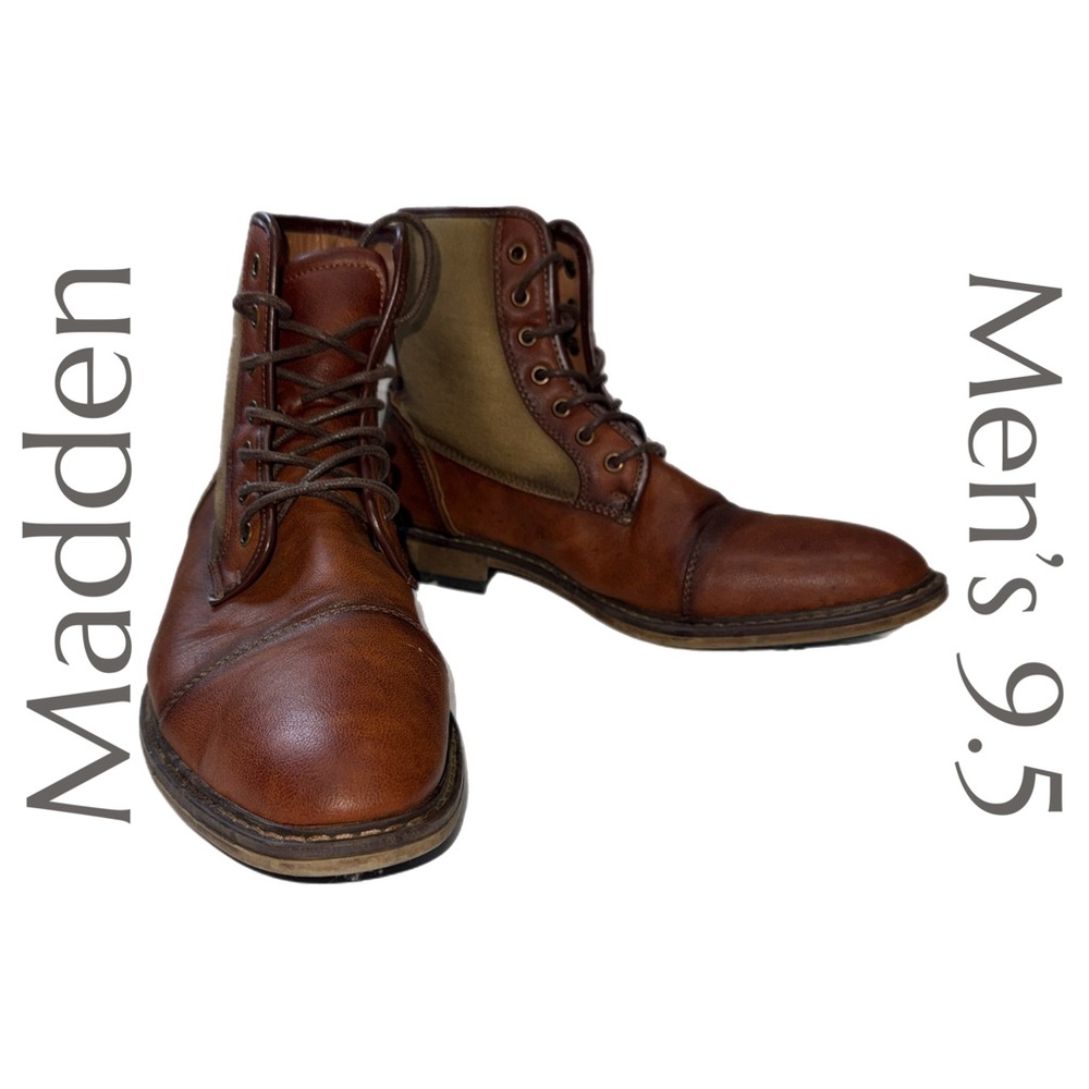 Madden‎ - Men’s Brown Leather & Canvas Lace‑Up Boots - Size 9.5 - Picture 2 of 11